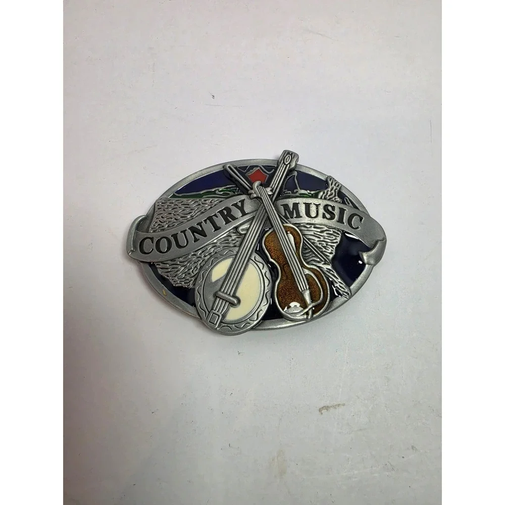Country Music Banjo Fiddle Oval Belt Buckle Silver Tone Enamel Western Vintage